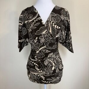 VTG Rampage Brown Ruched V-Neck Cinched Waist Blouse Kimono Sleeves Womens S